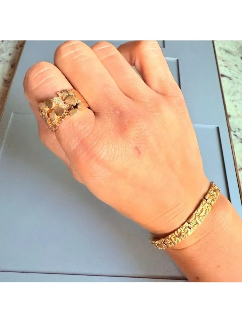 Solid 14k Yellow Gold Nugget Panel Link Bracelet HEAVY